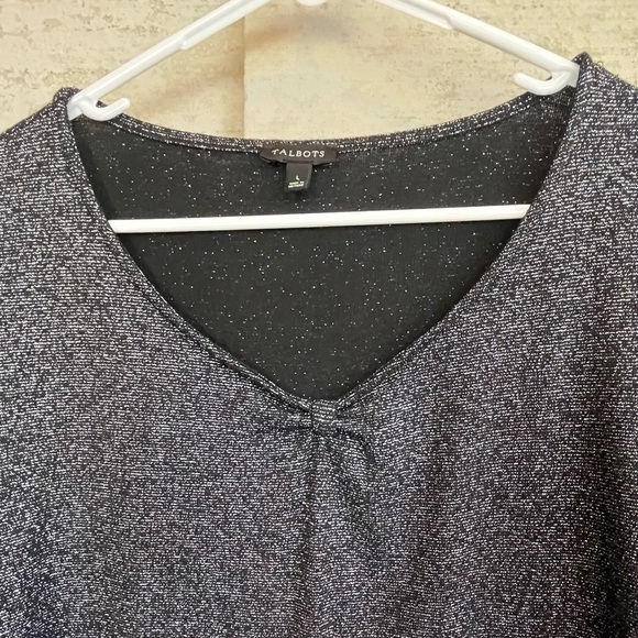Talbots Black Silver Shiny Sparkly Long Sleeve Top Sz L Stretchy Comfortable - Picture 9 of 14